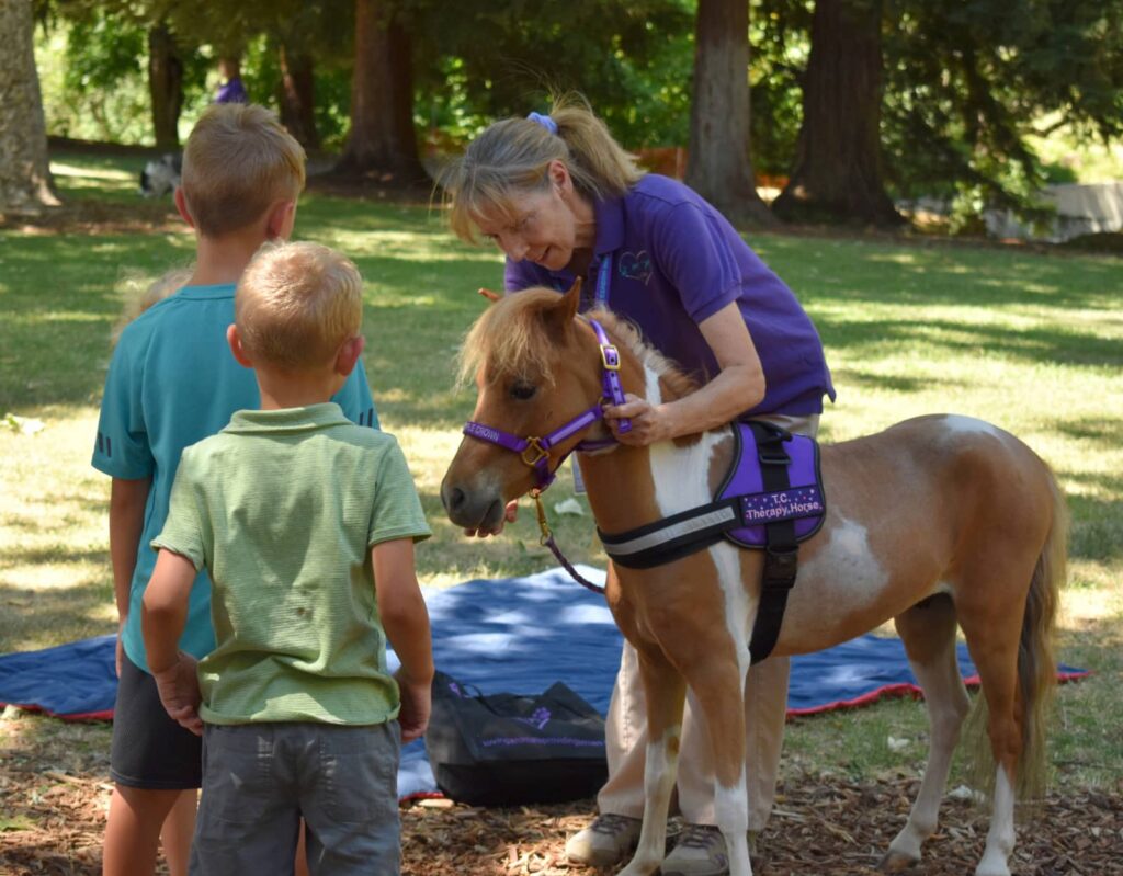 Children meeting therapy horse in park