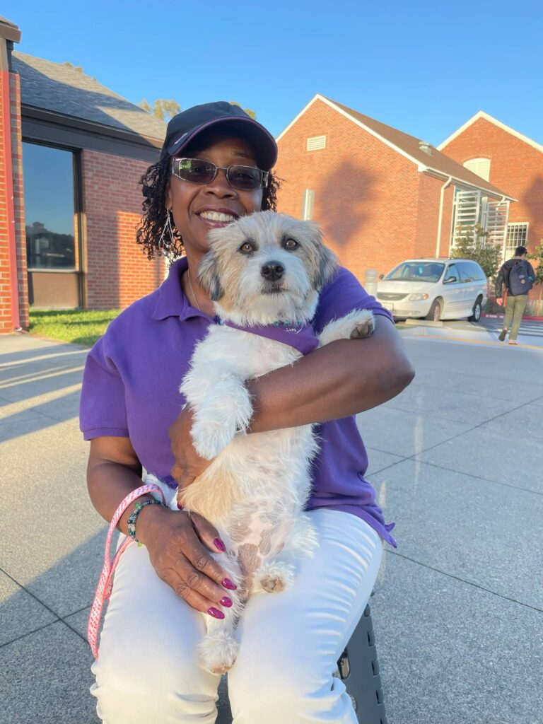 Woman holding cute white dog outside